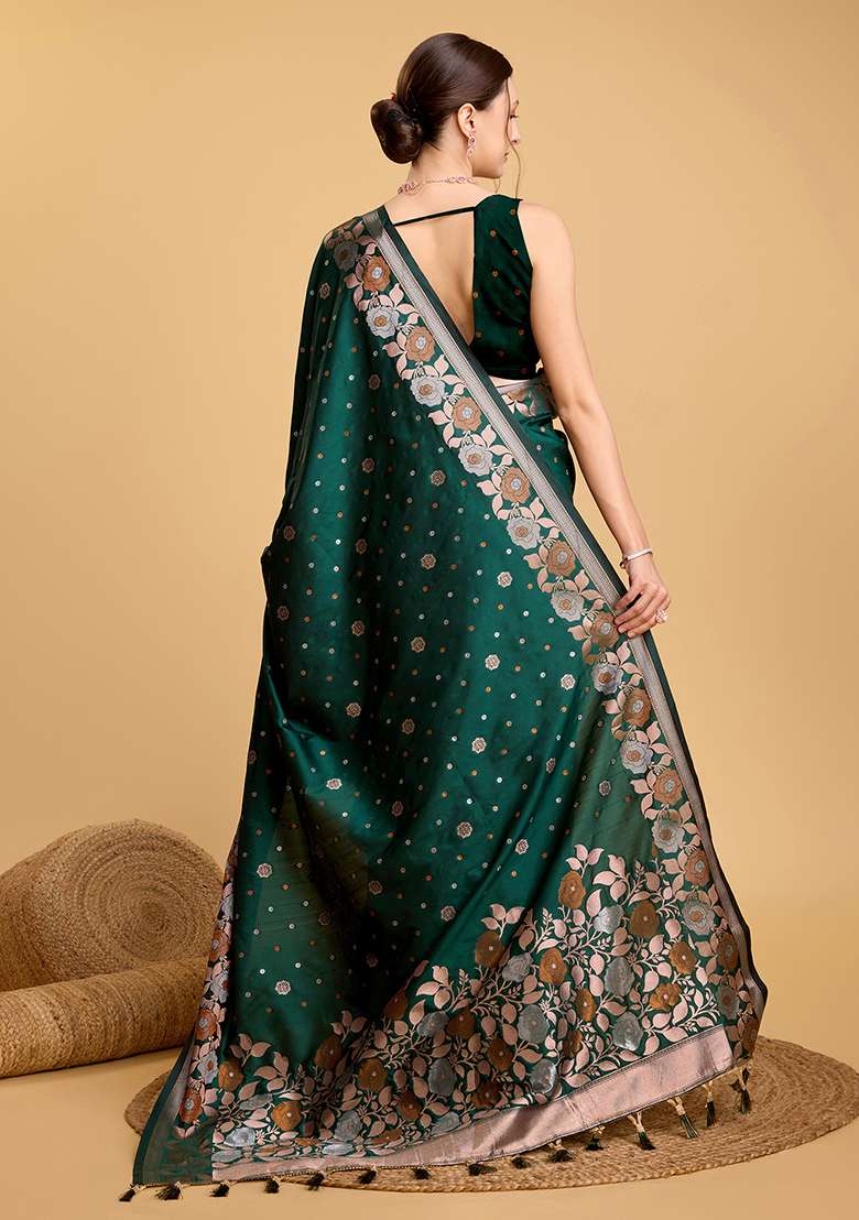 Green Zari Work Silk Blend Saree Set for Diwali and Festive Wear - Indya