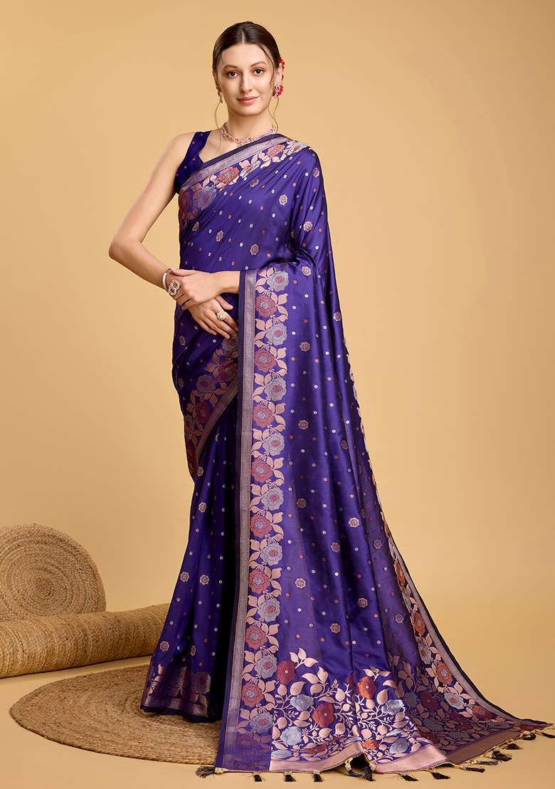 Purple Zari Work Silk Blend Saree Set for Diwali and Festive Wear - Indya