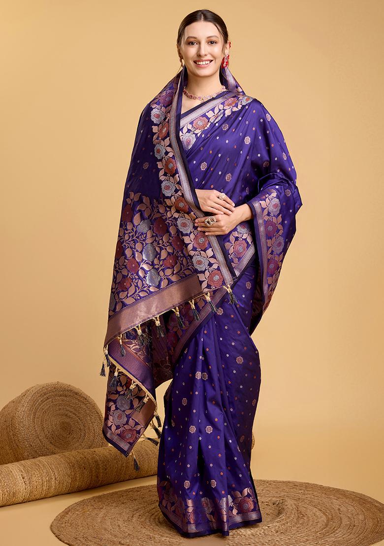 Purple Zari Work Silk Saree Set - Indya