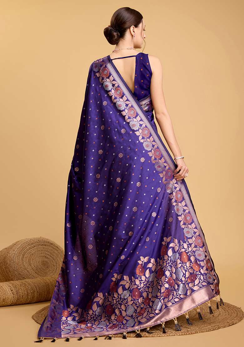 Purple Zari Work Silk Blend Saree Set for Diwali and Festive Wear - Indya