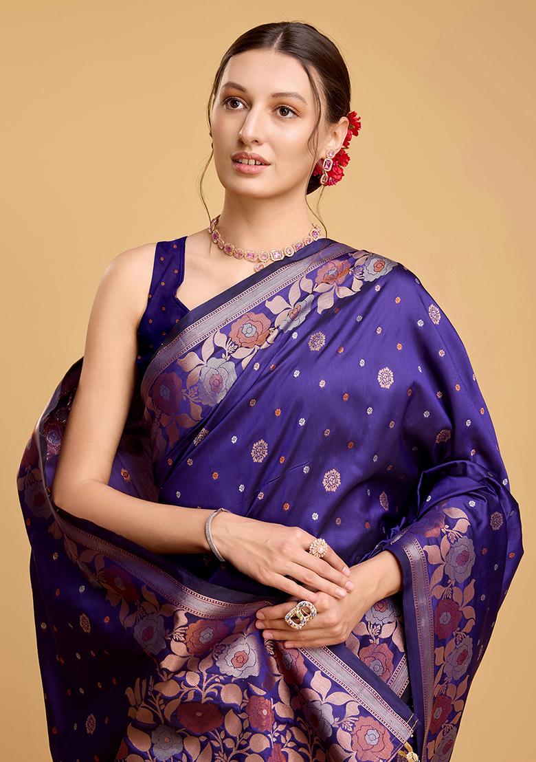 Purple Zari Work Silk Saree Set - Indya