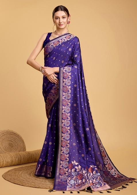 Purple Zari Work Silk Saree Set