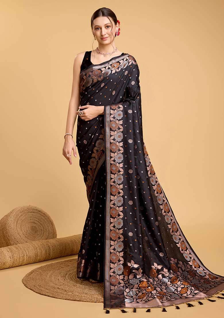 Black Silk Blend Saree Set with Zari Work for Diwali | Wedding & Festive Wear - Indya