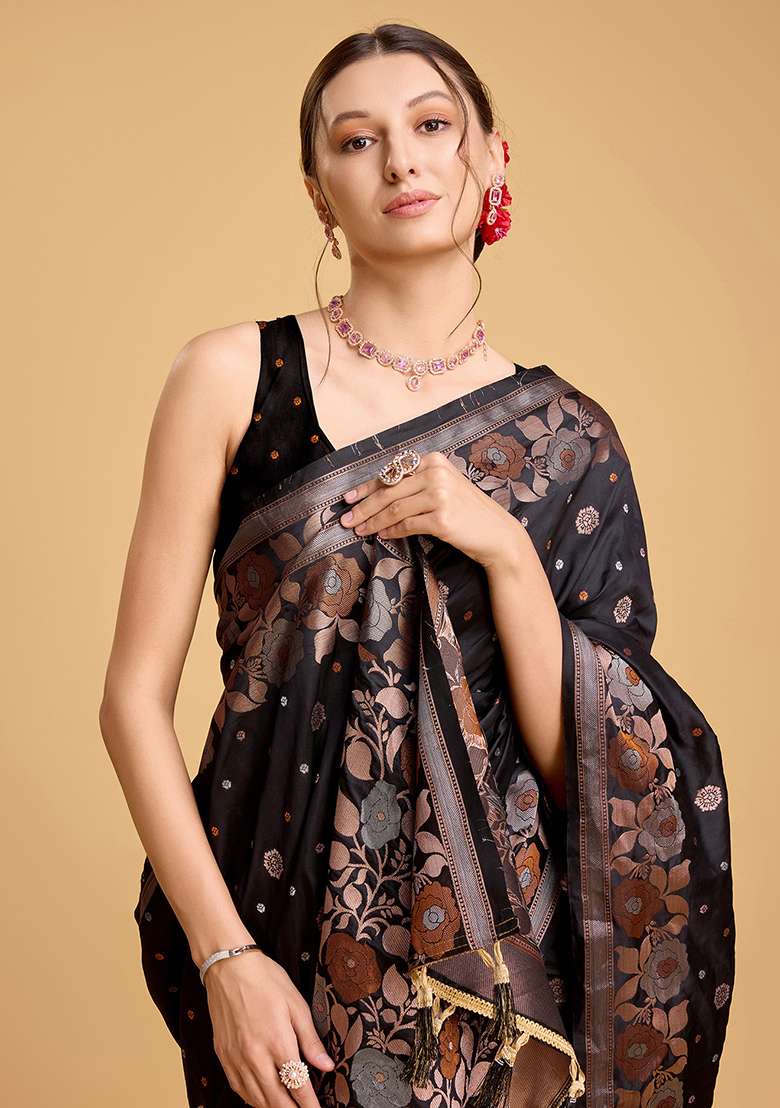 Black Silk Blend Saree Set with Zari Work for Diwali | Wedding & Festive Wear - Indya