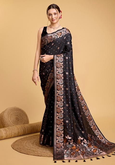 Black Zari Work Silk Saree Set