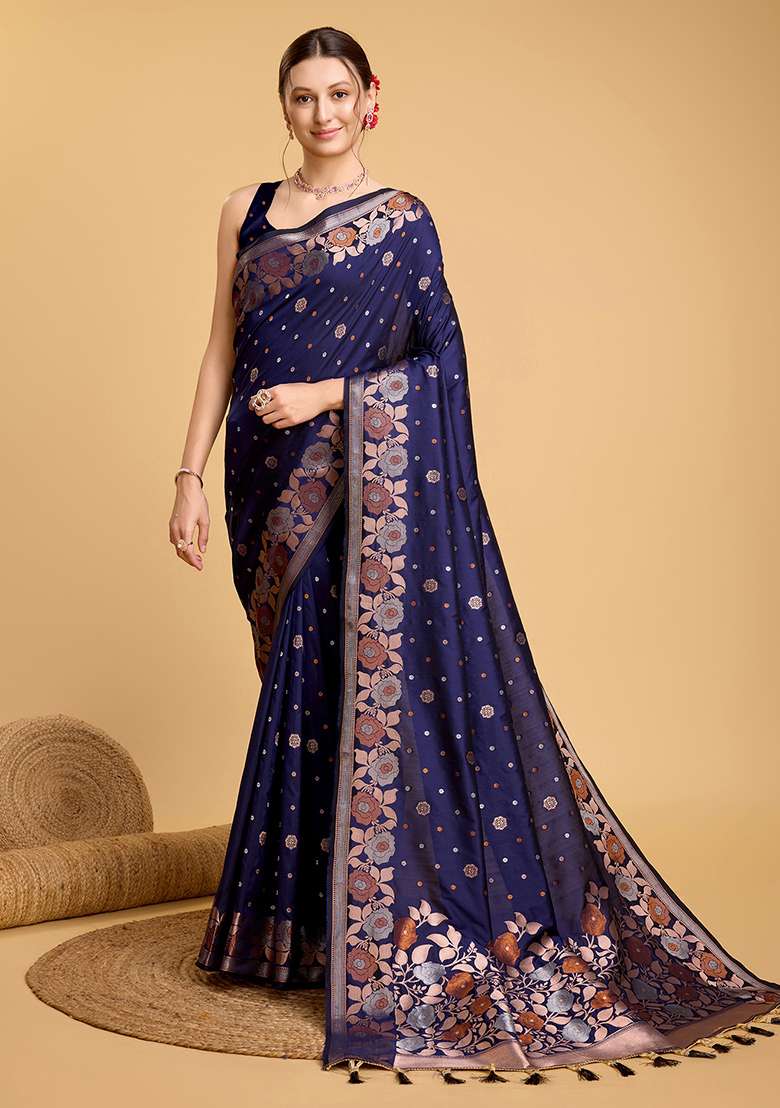 Navy Blue Zari Work Silk Blend Saree Set for Diwali and Festive Wear - Indya