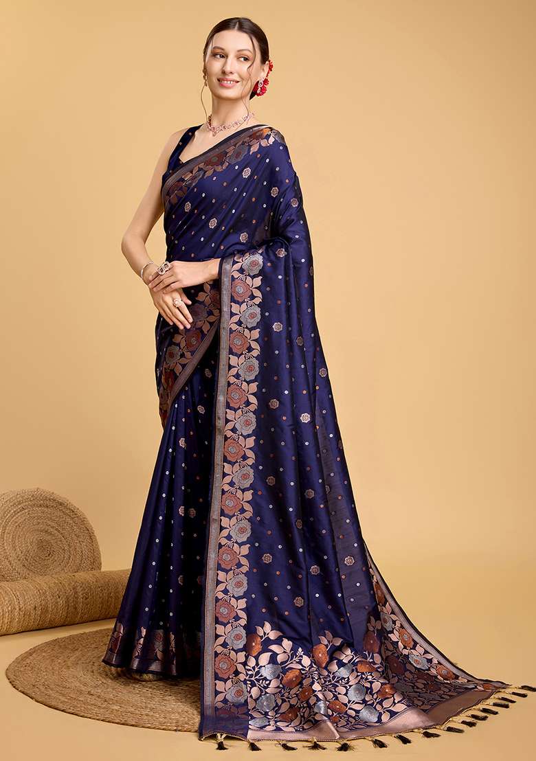 Navy Blue Zari Work Silk Blend Saree Set for Diwali and Festive Wear - Indya