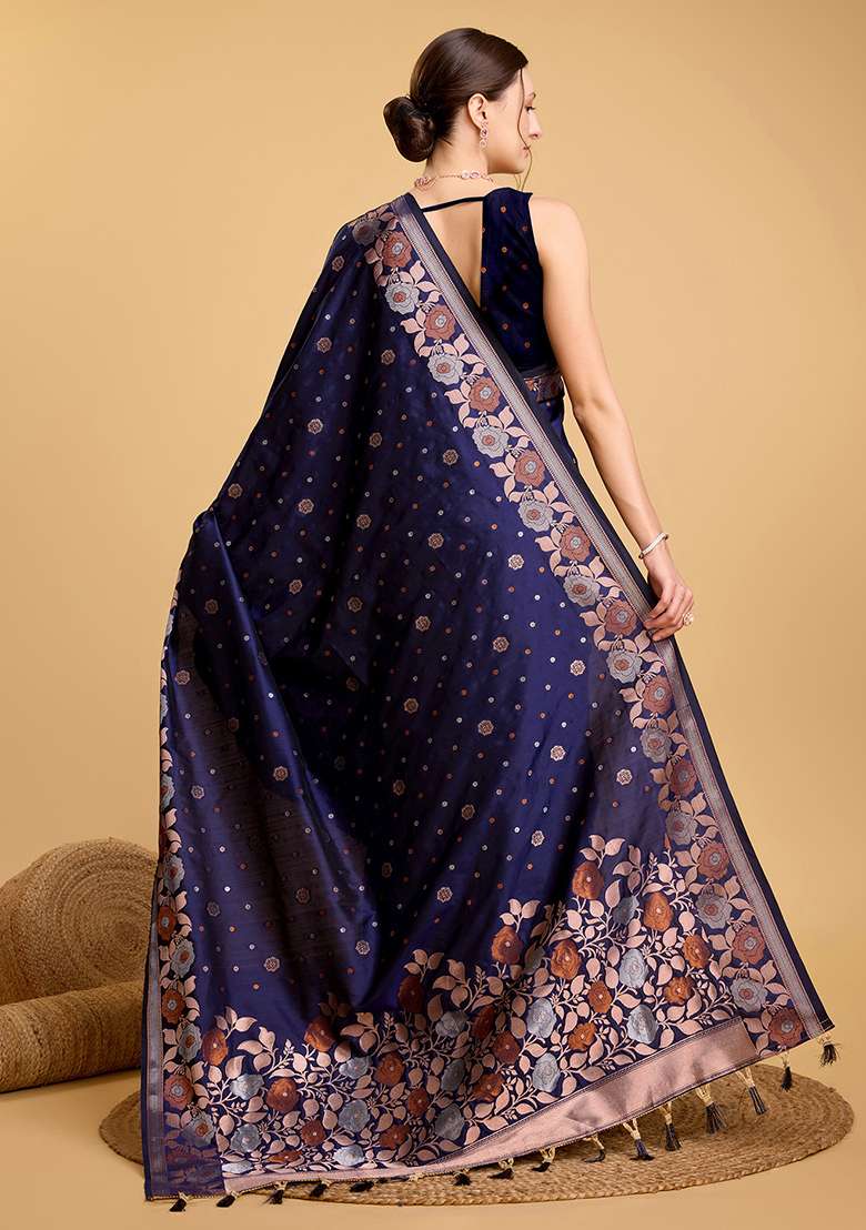 Navy Blue Zari Work Silk Blend Saree Set for Diwali and Festive Wear - Indya