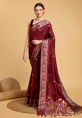 Maroon Zari Work Silk Saree Set