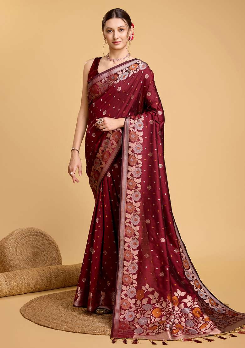 Maroon Zari Work Silk Blend Saree Set for Diwali and Festive Wear - Indya