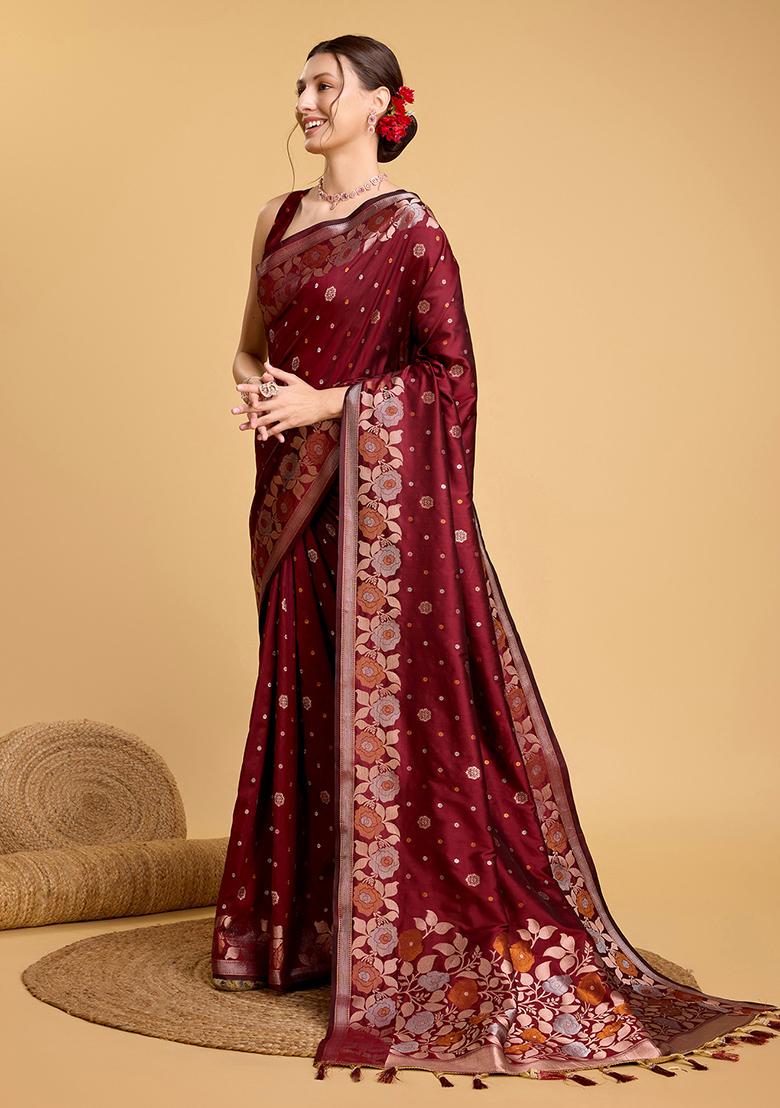 Maroon Zari Work Silk Saree Set - Indya