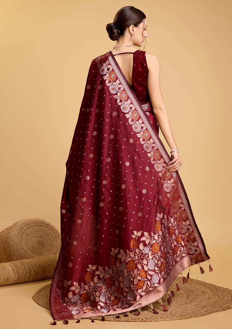 Maroon Zari Work Silk Blend Saree Set for Diwali and Festive Wear - Indya