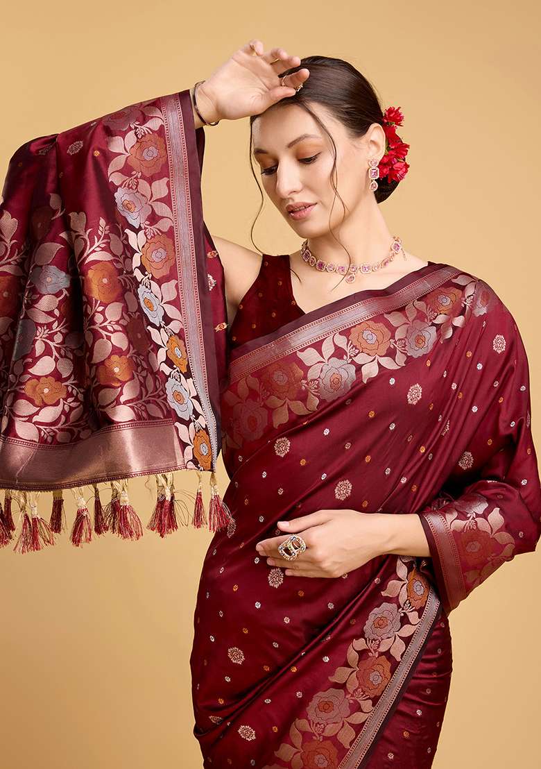 Maroon Zari Work Silk Blend Saree Set for Diwali and Festive Wear - Indya