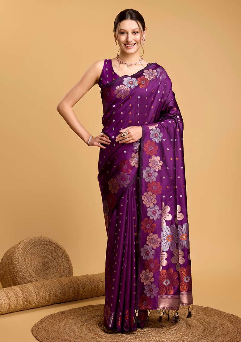 Purple Silk Blend Saree Set with Zari Work for Diwali | Wedding & Festive Wear - Indya