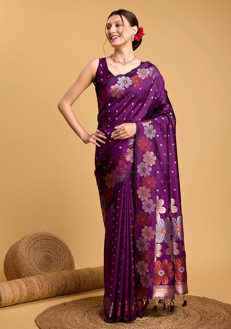 Purple Silk Blend Saree Set with Zari Work for Diwali | Wedding & Festive Wear - Indya