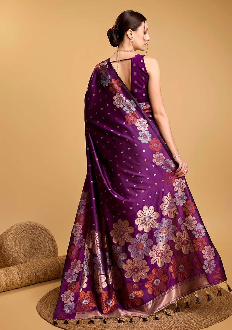 Purple Silk Blend Saree Set with Zari Work for Diwali | Wedding & Festive Wear - Indya