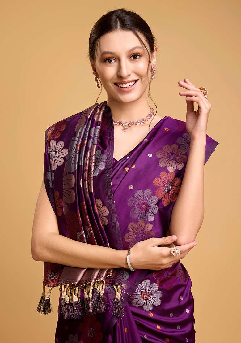Purple Silk Blend Saree Set with Zari Work for Diwali | Wedding & Festive Wear - Indya