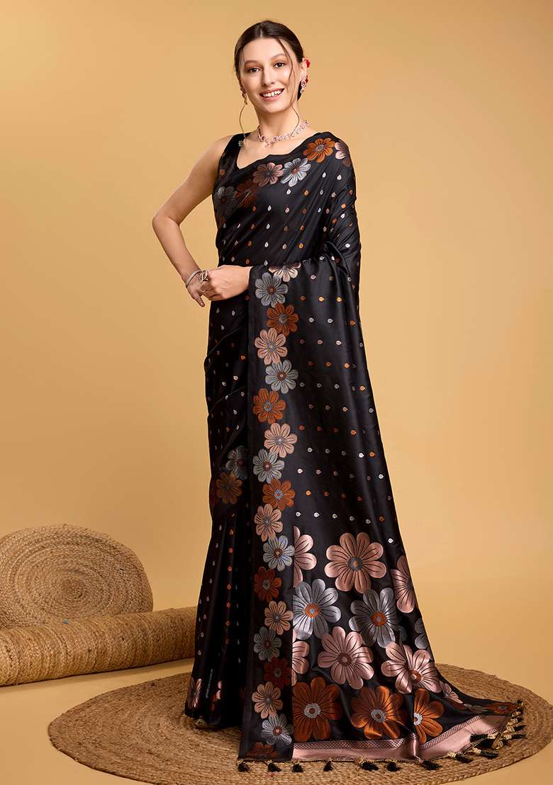 Black Zari Work Silk Blend Saree Set for Diwali and Festive Wear - Indya