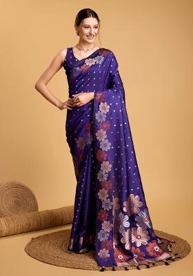 Blue Zari Work Silk Blend Saree Set
