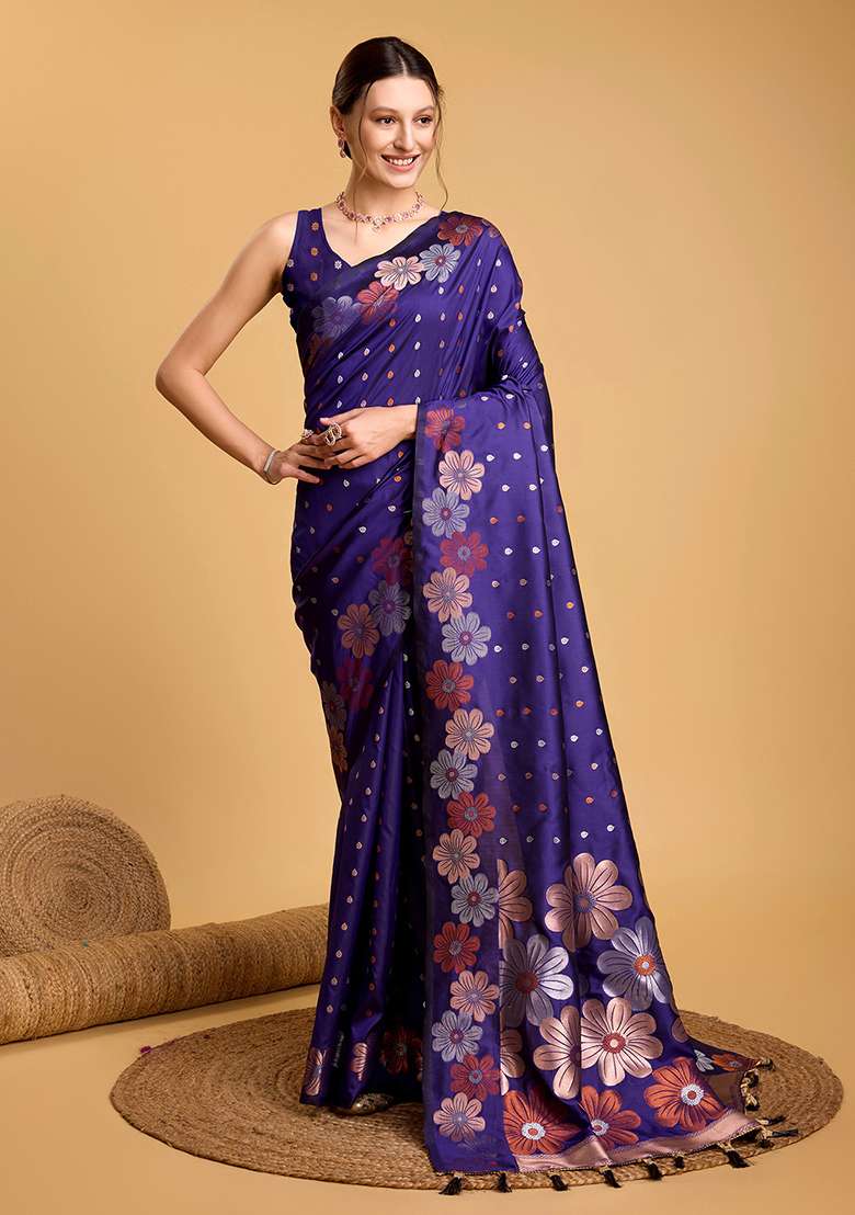 Blue Zari Work Silk Blend Saree Set for Diwali and Festive Wear - Indya