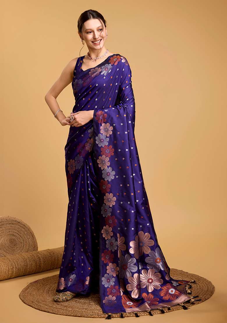 Blue Zari Work Silk Blend Saree Set for Diwali and Festive Wear - Indya