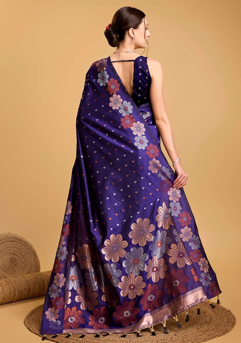 Blue Zari Work Silk Blend Saree Set for Diwali and Festive Wear - Indya