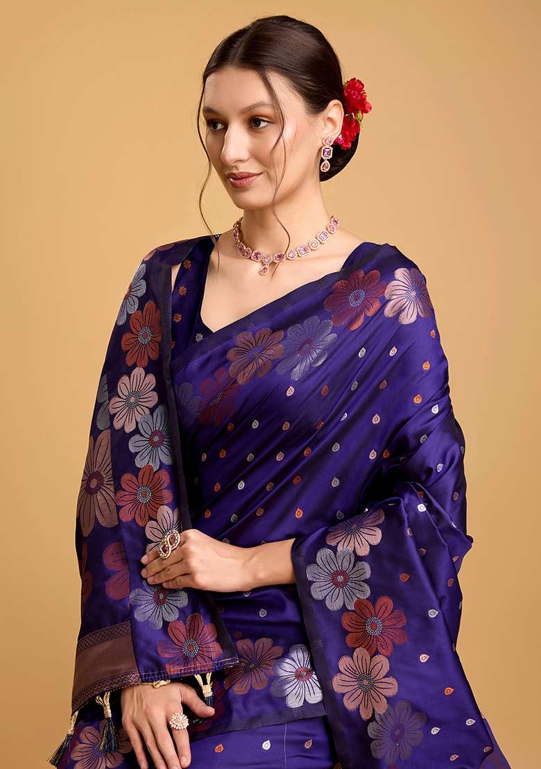 Blue Zari Work Silk Blend Saree Set for Diwali and Festive Wear - Indya