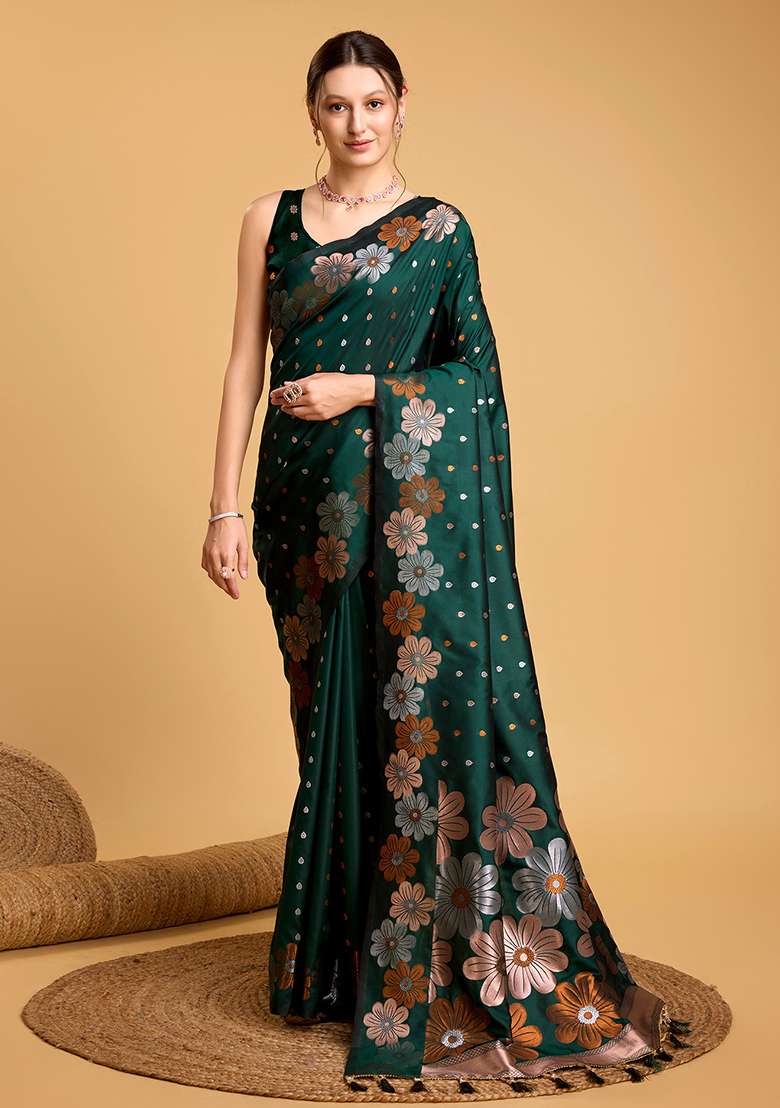 Green Silk Blend Saree Set with Zari Work for Diwali | Wedding & Festive Wear - Indya