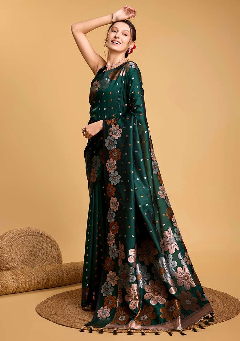 Green Silk Blend Saree Set with Zari Work for Diwali | Wedding & Festive Wear - Indya