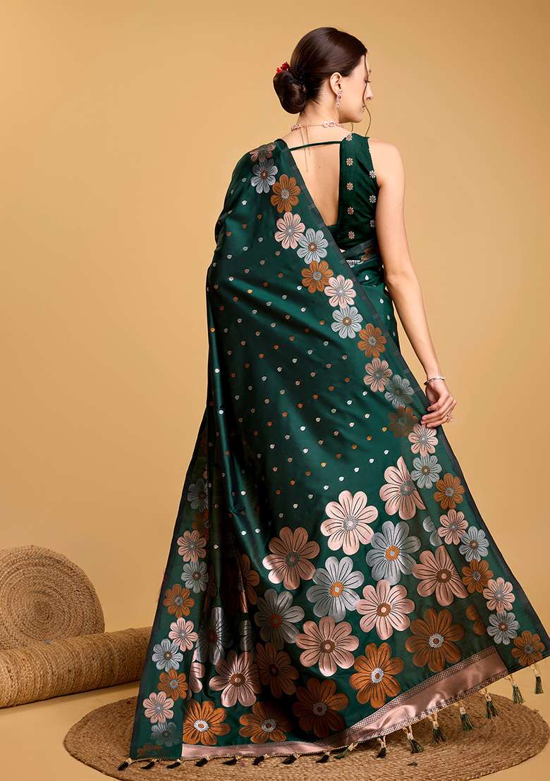 Green Silk Blend Saree Set with Zari Work for Diwali | Wedding & Festive Wear - Indya