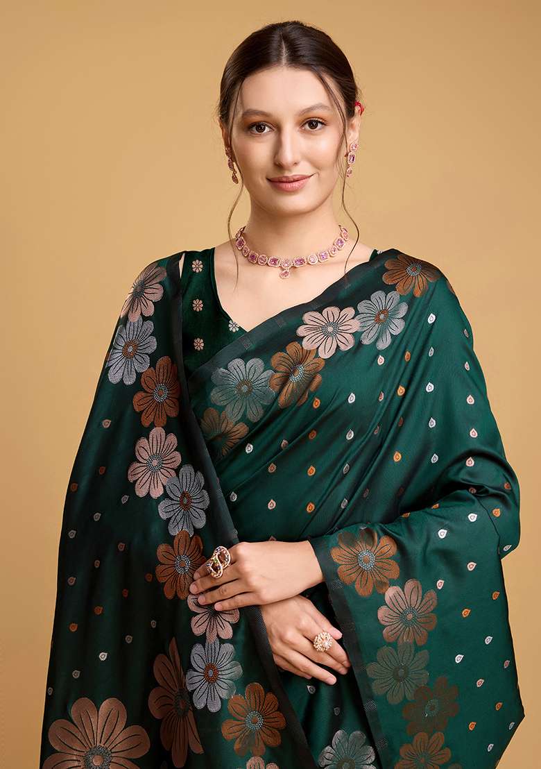 Green Silk Blend Saree Set with Zari Work for Diwali | Wedding & Festive Wear - Indya