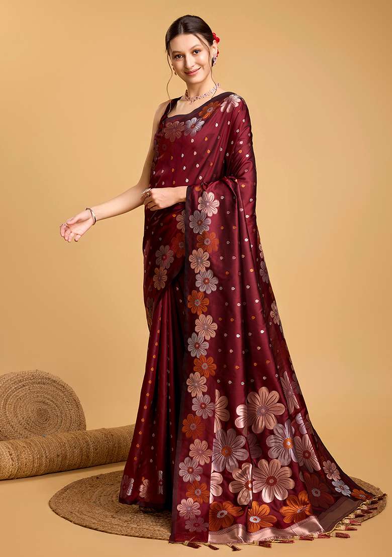 Maroon Silk Blend Saree Set with Zari Work for Diwali | Wedding & Festive Wear - Indya