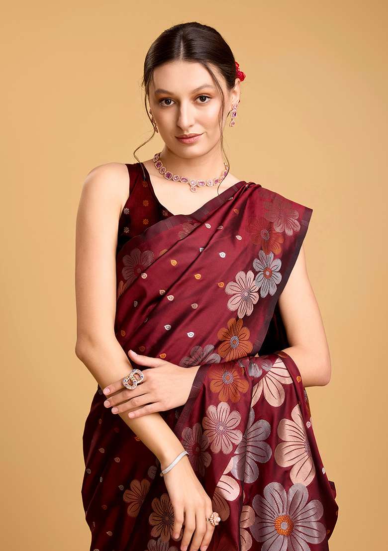 Maroon Silk Blend Saree Set with Zari Work for Diwali | Wedding & Festive Wear - Indya