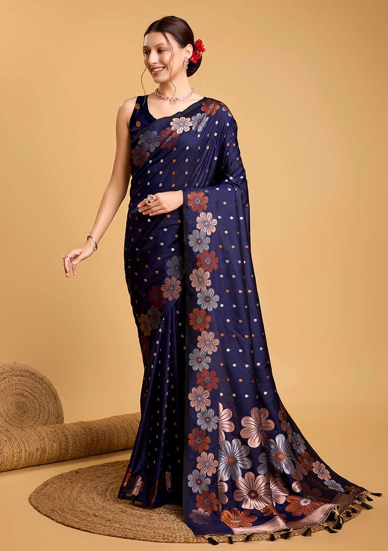 Navy Blue Zari Work Silk Blend Saree Set for Diwali and Festive Wear - Indya