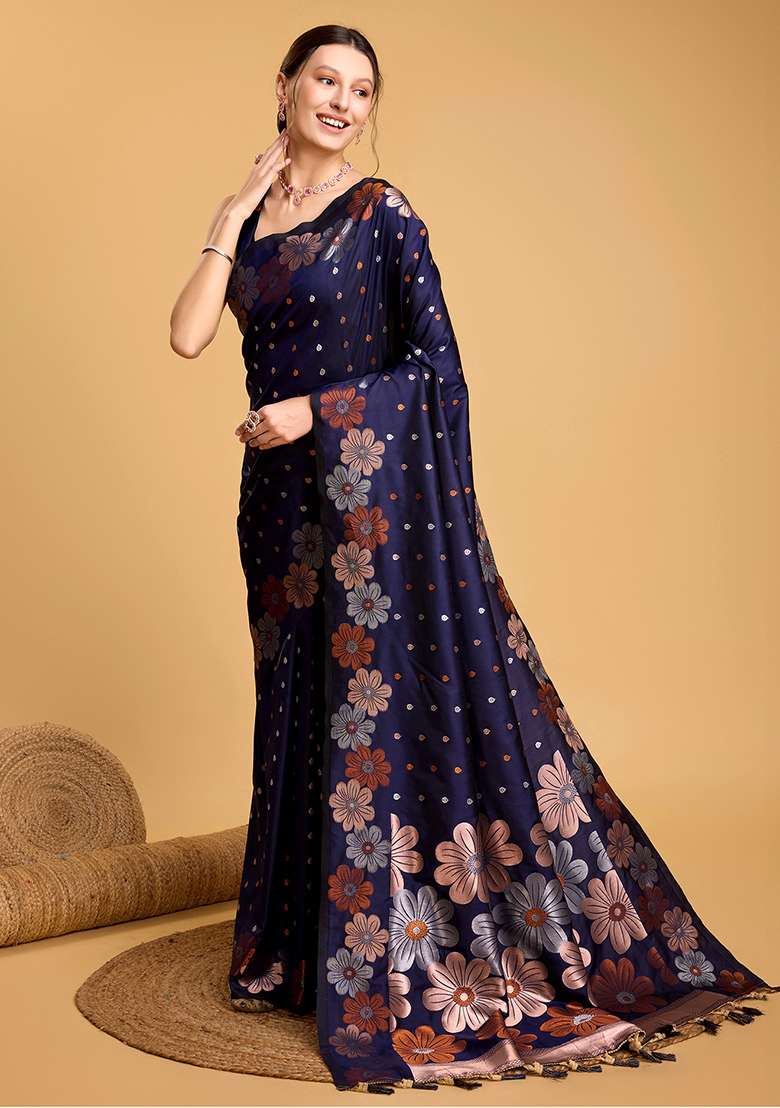 Navy Blue Zari Work Silk Blend Saree Set for Diwali and Festive Wear - Indya