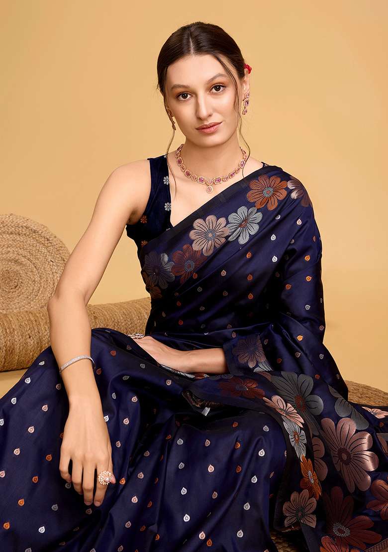 Navy Blue Zari Work Silk Blend Saree Set for Diwali and Festive Wear - Indya