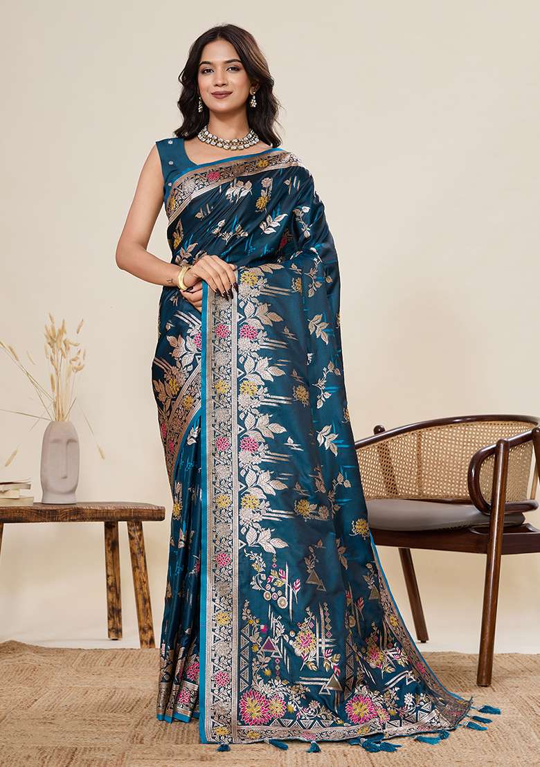 Teal Blue Silk Blend Saree Set with Zari Work for Diwali | Wedding & Festive Wear - Indya