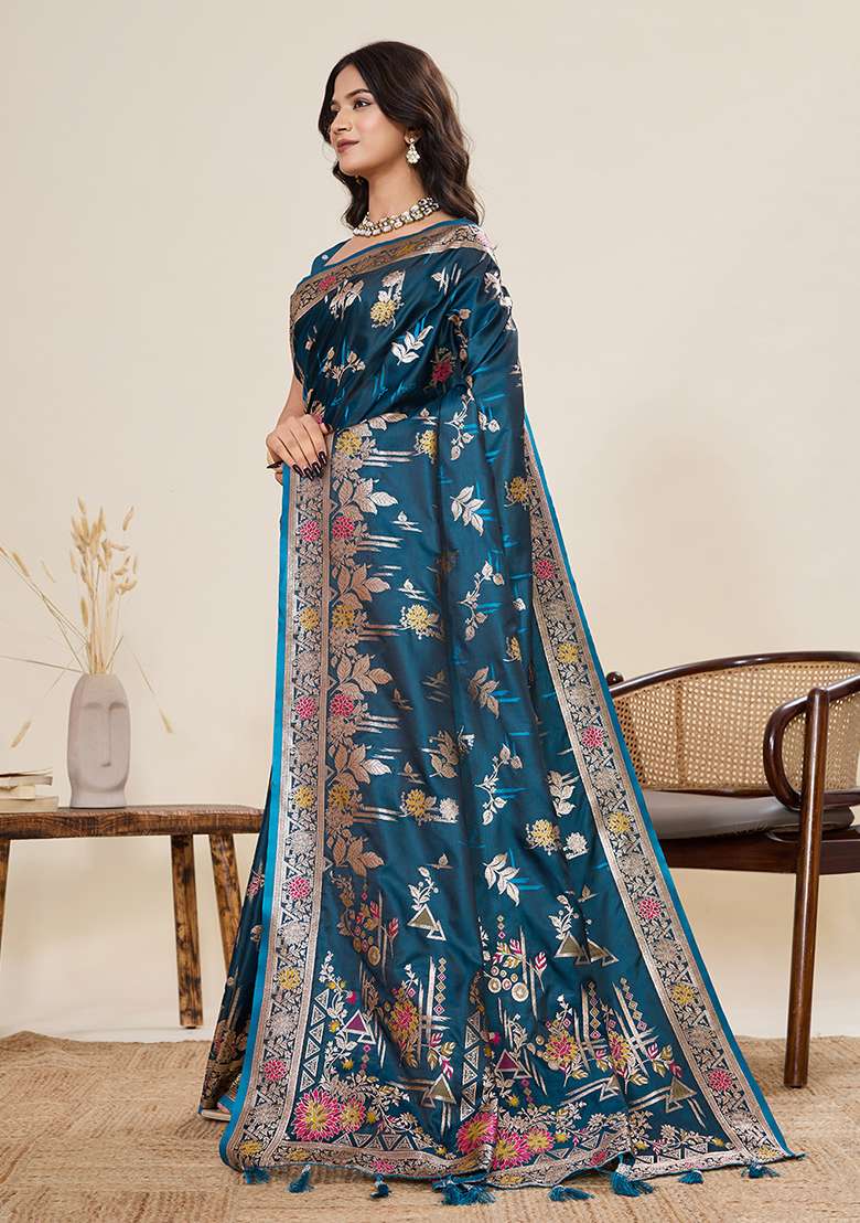 Teal Blue Silk Blend Saree Set with Zari Work for Diwali | Wedding & Festive Wear - Indya