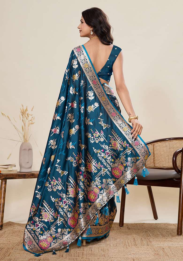 Teal Blue Silk Blend Saree Set with Zari Work for Diwali | Wedding & Festive Wear - Indya