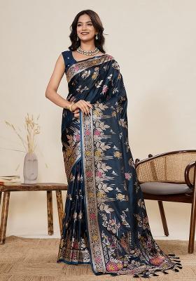 Blue Zari Work Silk Blend Saree Set