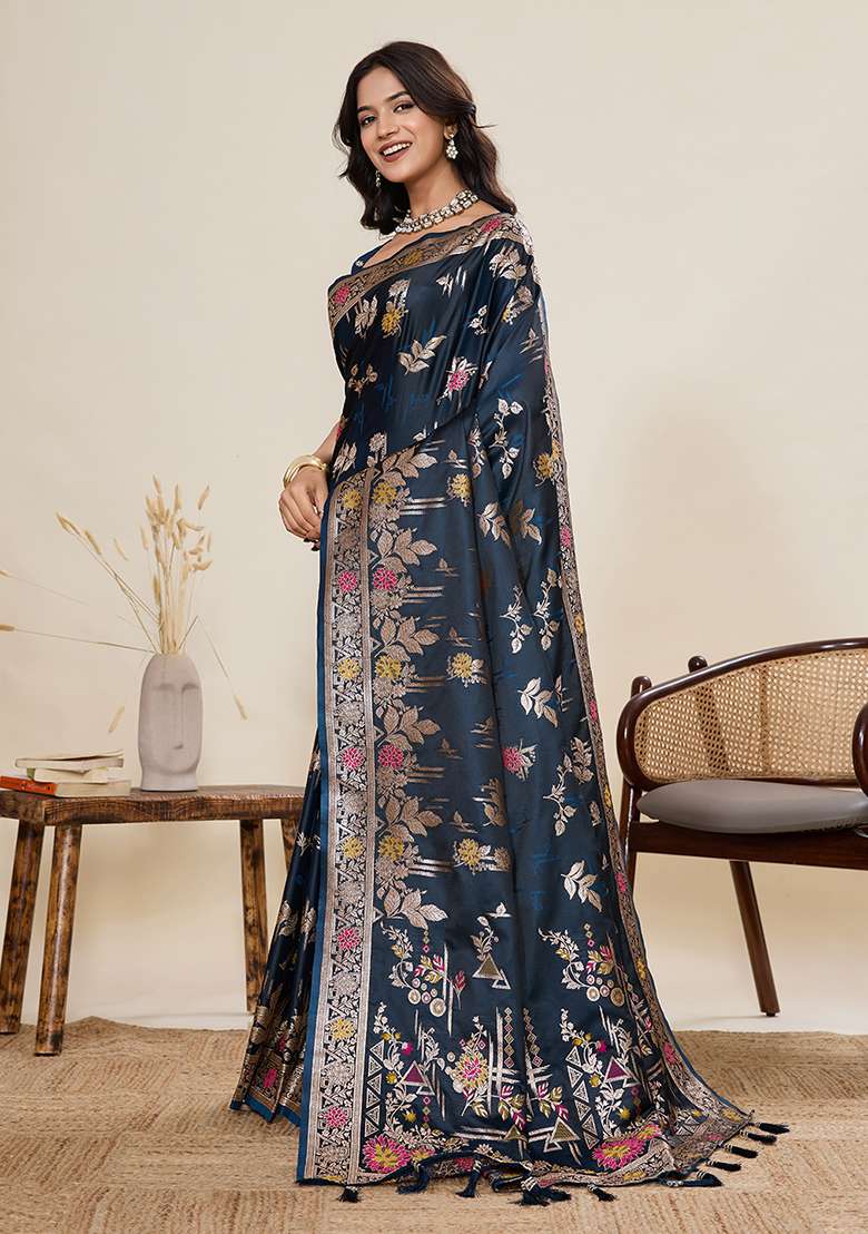 Blue Silk Blend Saree Set with Zari Work for Diwali | Wedding & Festive Wear - Indya