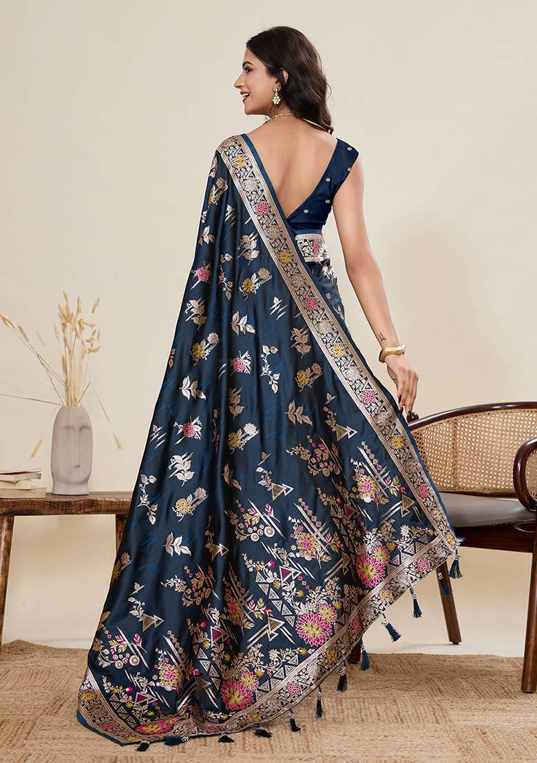 Blue Silk Blend Saree Set with Zari Work for Diwali | Wedding & Festive Wear - Indya