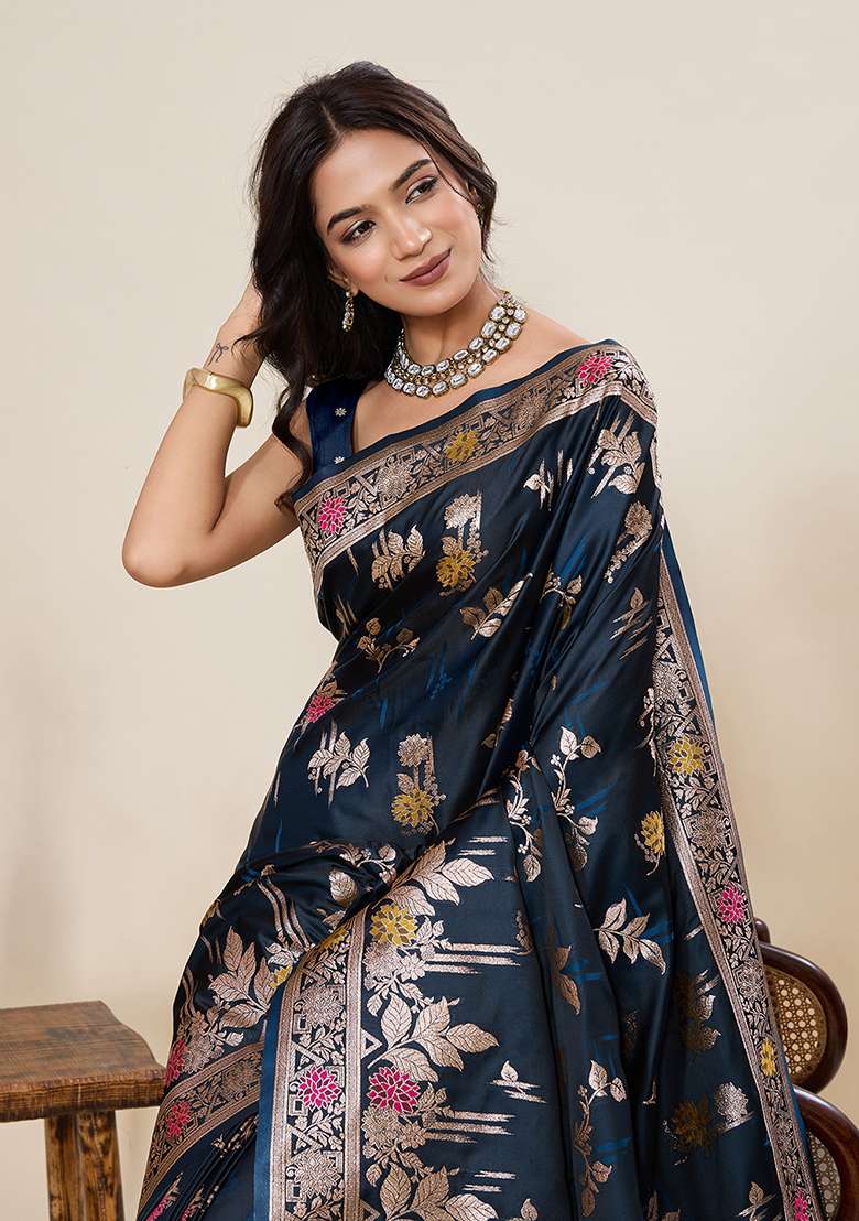 Blue Silk Blend Saree Set with Zari Work for Diwali | Wedding & Festive Wear - Indya