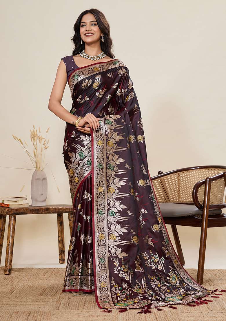 Deep Wine Zari Work Silk Blend Saree Set for Diwali and Festive Wear - Indya