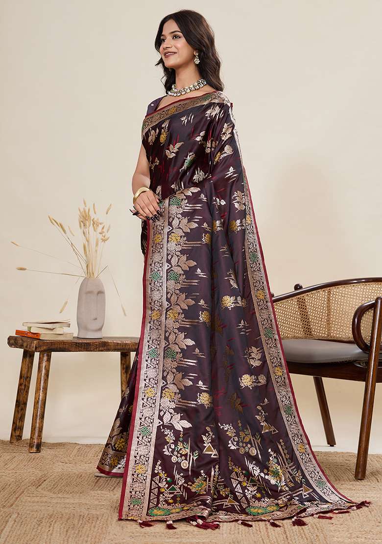 Deep Wine Zari Work Silk Blend Saree Set for Diwali and Festive Wear - Indya
