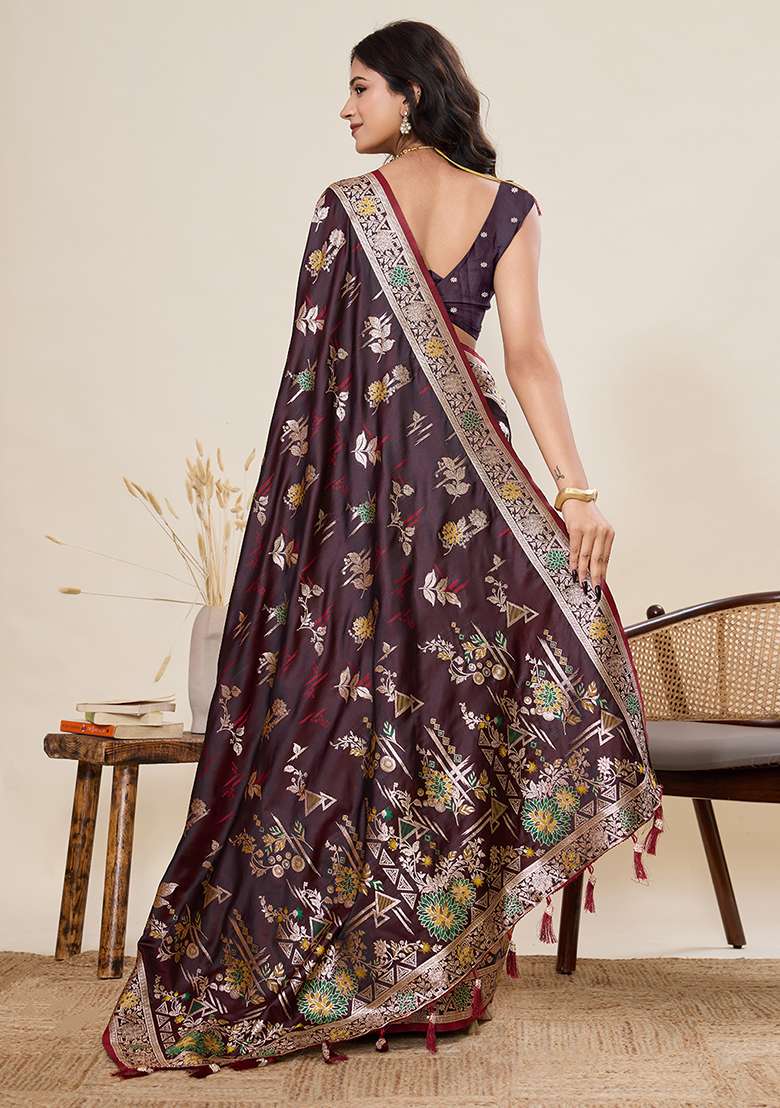 Deep Wine Zari Work Silk Blend Saree Set for Diwali and Festive Wear - Indya