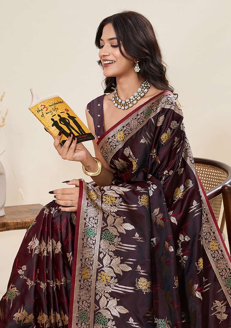 Deep Wine Zari Work Silk Blend Saree Set for Diwali and Festive Wear - Indya