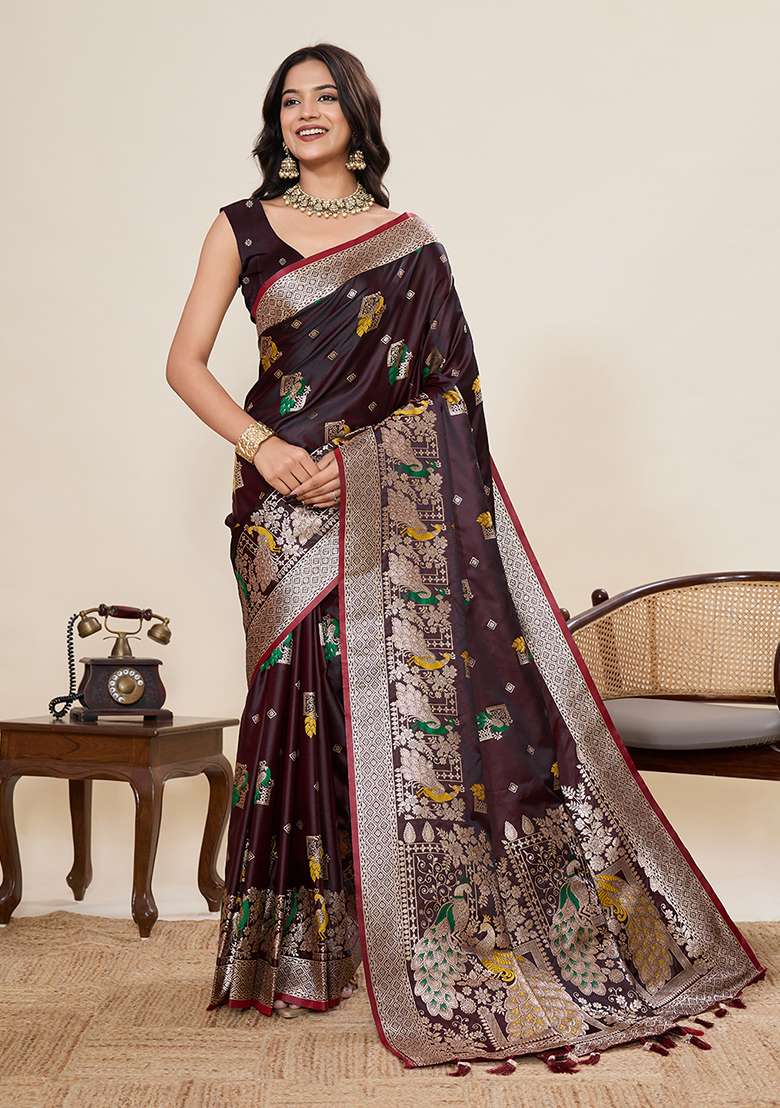Dark Brown Zari Work Silk Blend Saree Set for Diwali and Festive Wear - Indya