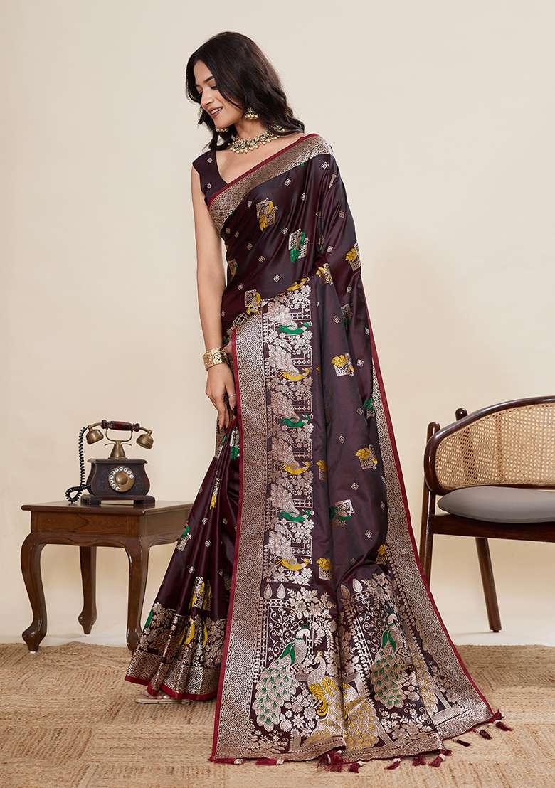 Dark Brown Zari Work Silk Blend Saree Set for Diwali and Festive Wear - Indya