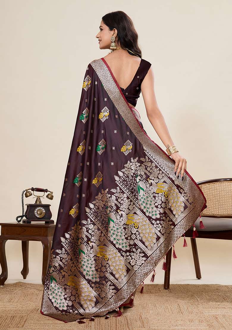 Dark Brown Zari Work Silk Blend Saree Set for Diwali and Festive Wear - Indya
